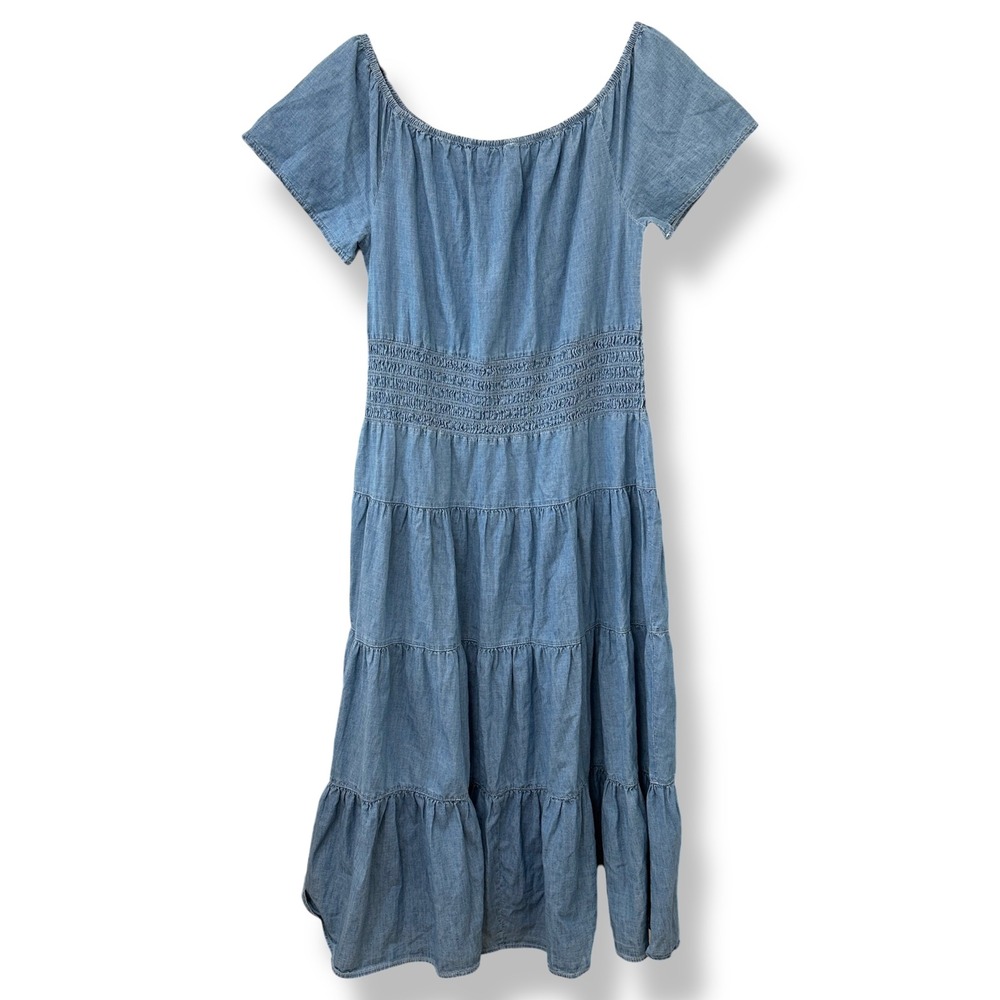 Lauren Ralph Lauren Chambray Off The Shoulder Smocked Tiered Midi Dress Blue 14 - Picture 3 of 8